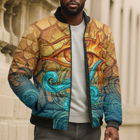 Egyptian Tefnut Fiery Eye Bomber Puffer Jacket with Roaring Lion in Desert and Water Element
