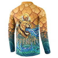Egyptian Tefnut Fiery Eye Button Sweatshirt with Roaring Lion in Desert and Water Element