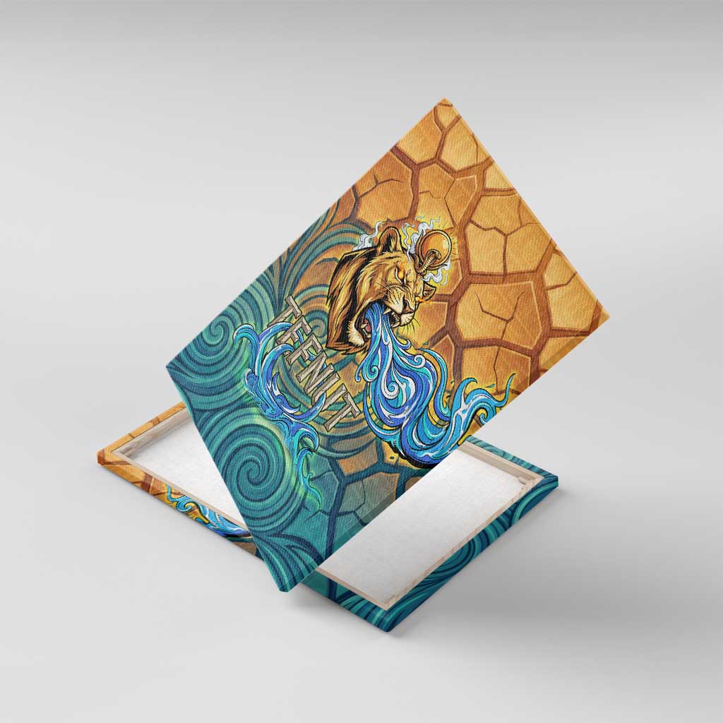 Egyptian Tefnut Fiery Eye Canvas Wall Art with Roaring Lion in Desert and Water Element
