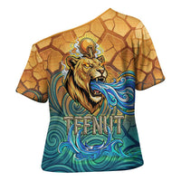 Egyptian Tefnut Fiery Eye Cross Shoulder Shirt with Roaring Lion in Desert and Water Element
