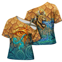 Egyptian Tefnut Fiery Eye Cross Shoulder Shirt with Roaring Lion in Desert and Water Element