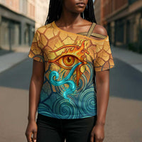 Egyptian Tefnut Fiery Eye Cross Shoulder Shirt with Roaring Lion in Desert and Water Element