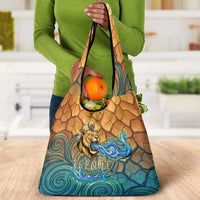 Egyptian Tefnut Fiery Eye Grocery Bag with Roaring Lion in Desert and Water Element