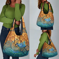 Egyptian Tefnut Fiery Eye Grocery Bag with Roaring Lion in Desert and Water Element