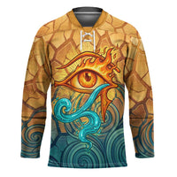 Egyptian Tefnut Fiery Eye Hockey Jersey with Roaring Lion in Desert and Water Element