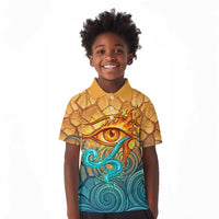 Egyptian Tefnut Fiery Eye Kid Polo Shirt with Roaring Lion in Desert and Water Element