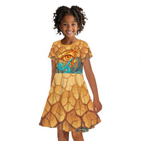 Egyptian Tefnut Fiery Eye Kid Short Sleeve Dress with Roaring Lion in Desert and Water Element