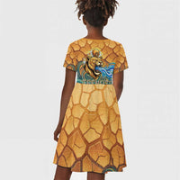 Egyptian Tefnut Fiery Eye Kid Short Sleeve Dress with Roaring Lion in Desert and Water Element