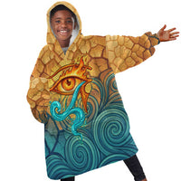 Egyptian Tefnut Fiery Eye Kid Wearable Blanket Hoodie with Roaring Lion in Desert and Water Element
