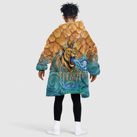 Egyptian Tefnut Fiery Eye Kid Wearable Blanket Hoodie with Roaring Lion in Desert and Water Element
