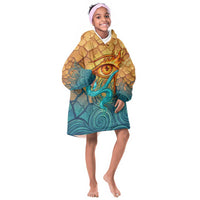 Egyptian Tefnut Fiery Eye Kid Wearable Blanket Hoodie with Roaring Lion in Desert and Water Element