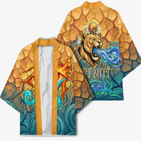 Egyptian Tefnut Fiery Eye Kimono with Roaring Lion in Desert and Water Element