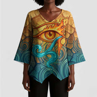 Egyptian Tefnut Fiery Eye Kimono Sleeve Blouse with Roaring Lion in Desert and Water Element