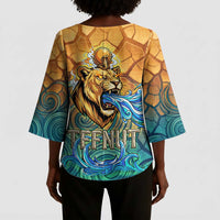 Egyptian Tefnut Fiery Eye Kimono Sleeve Blouse with Roaring Lion in Desert and Water Element