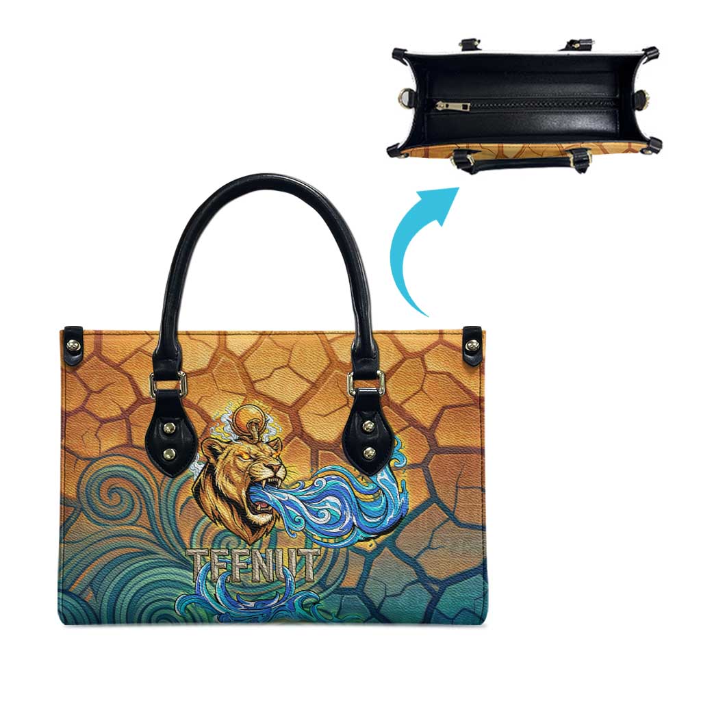 Egyptian Tefnut Fiery Eye Leather Bag with Roaring Lion in Desert and Water Element
