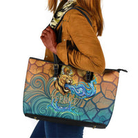 Egyptian Tefnut Fiery Eye Leather Tote Bag with Roaring Lion in Desert and Water Element