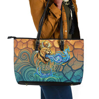Egyptian Tefnut Fiery Eye Leather Tote Bag with Roaring Lion in Desert and Water Element