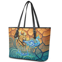 Egyptian Tefnut Fiery Eye Leather Tote Bag with Roaring Lion in Desert and Water Element