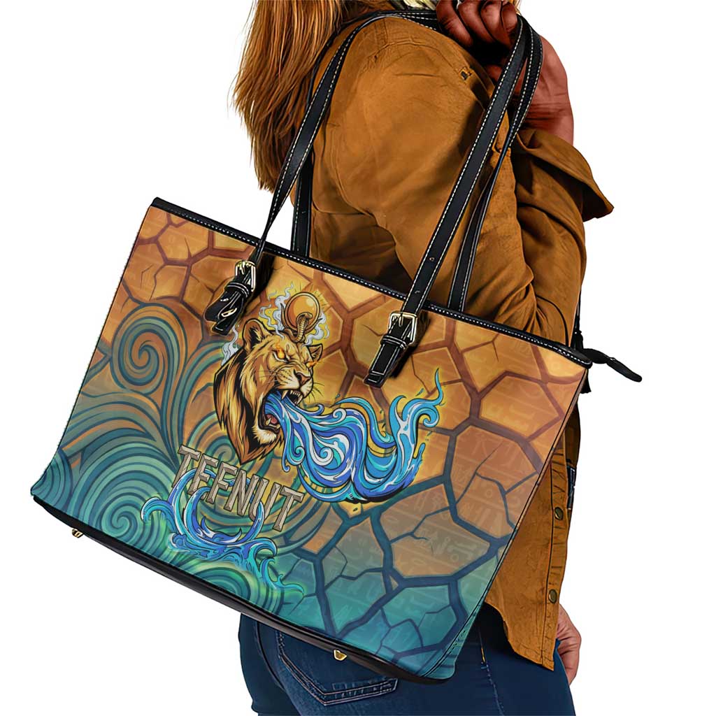 Egyptian Tefnut Fiery Eye Leather Tote Bag with Roaring Lion in Desert and Water Element