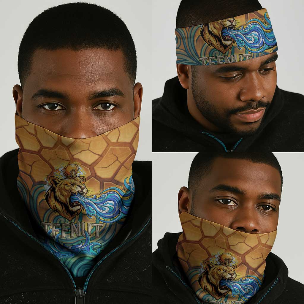 Egyptian Tefnut Fiery Eye Neck Gaiter with Roaring Lion in Desert and Water Element