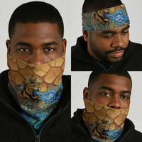 Egyptian Tefnut Fiery Eye Neck Gaiter with Roaring Lion in Desert and Water Element