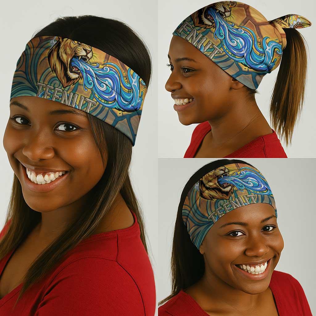 Egyptian Tefnut Fiery Eye Neck Gaiter with Roaring Lion in Desert and Water Element