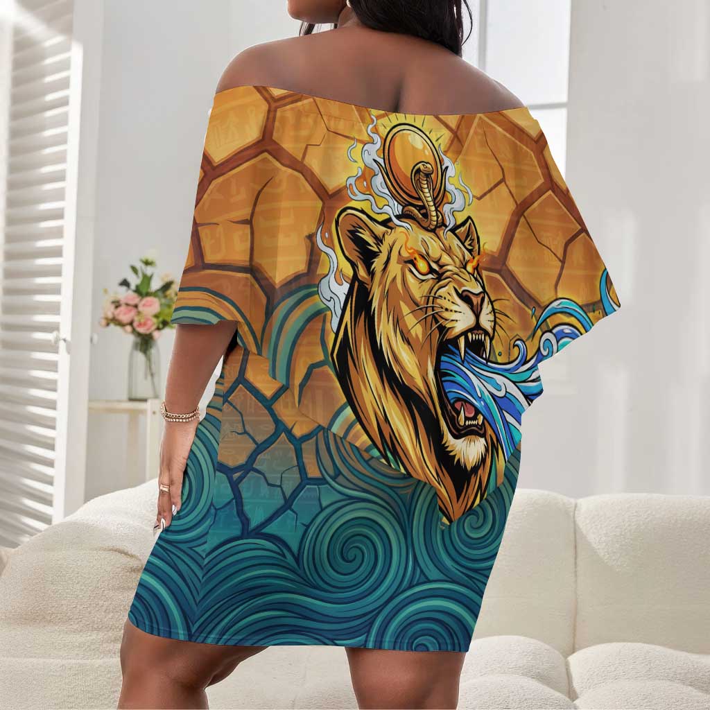 Egyptian Tefnut Fiery Eye Off Shoulder Short Dress with Roaring Lion in Desert and Water Element