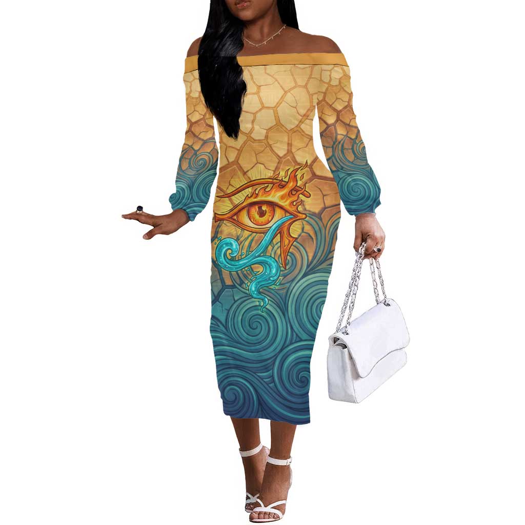 Egyptian Tefnut Fiery Eye Off The Shoulder Long Sleeve Dress with Roaring Lion in Desert and Water Element