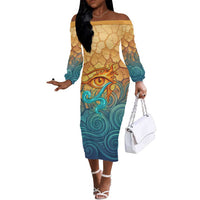 Egyptian Tefnut Fiery Eye Off The Shoulder Long Sleeve Dress with Roaring Lion in Desert and Water Element