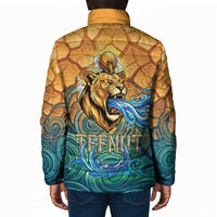 Egyptian Tefnut Fiery Eye Padded Jacket with Roaring Lion in Desert and Water Element