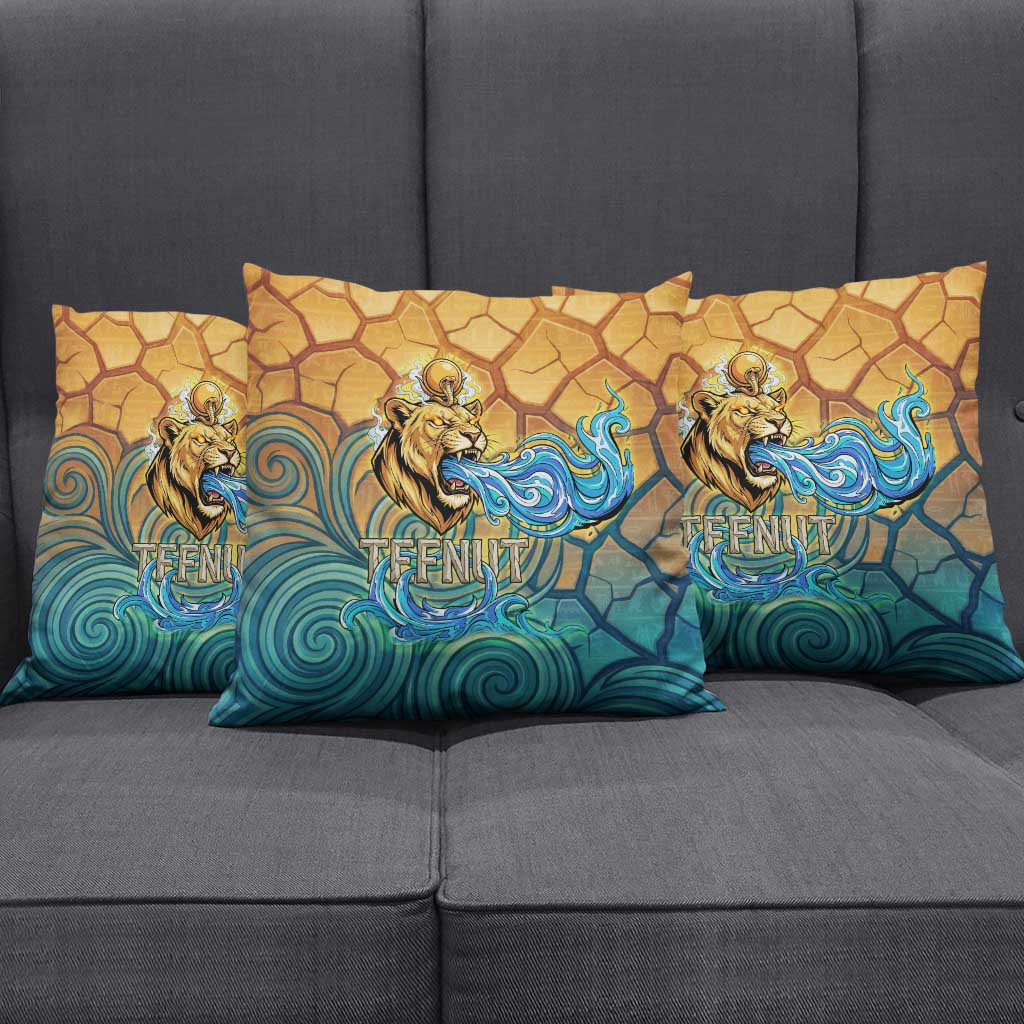 Egyptian Tefnut Fiery Eye Pillow Cover with Roaring Lion in Desert and Water Element