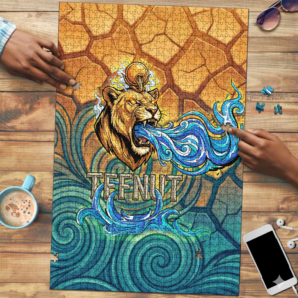 Egyptian Tefnut Fiery Eye Puzzle with Roaring Lion in Desert and Water Element
