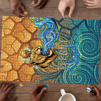 Egyptian Tefnut Fiery Eye Puzzle with Roaring Lion in Desert and Water Element
