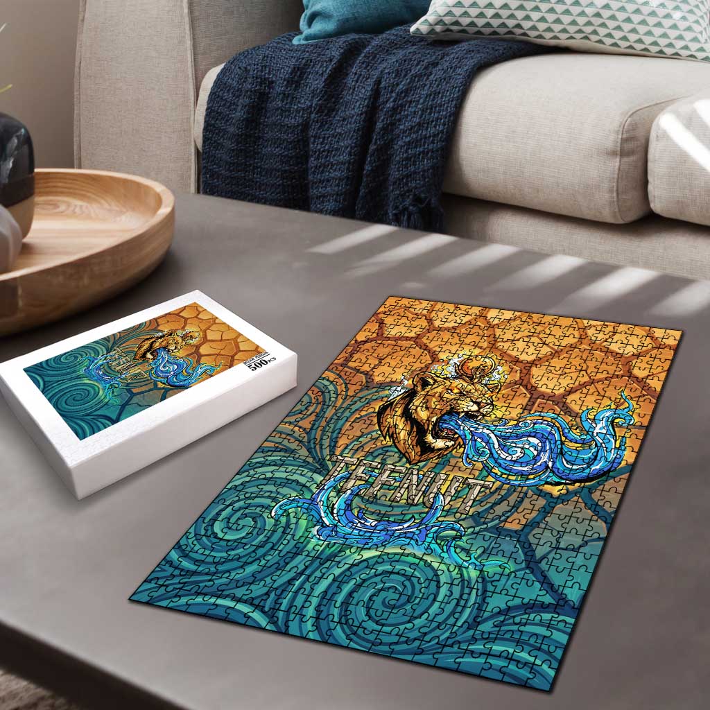 Egyptian Tefnut Fiery Eye Puzzle with Roaring Lion in Desert and Water Element