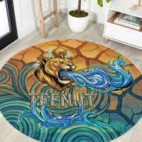 Egyptian Tefnut Fiery Eye Round Carpet with Roaring Lion in Desert and Water Element