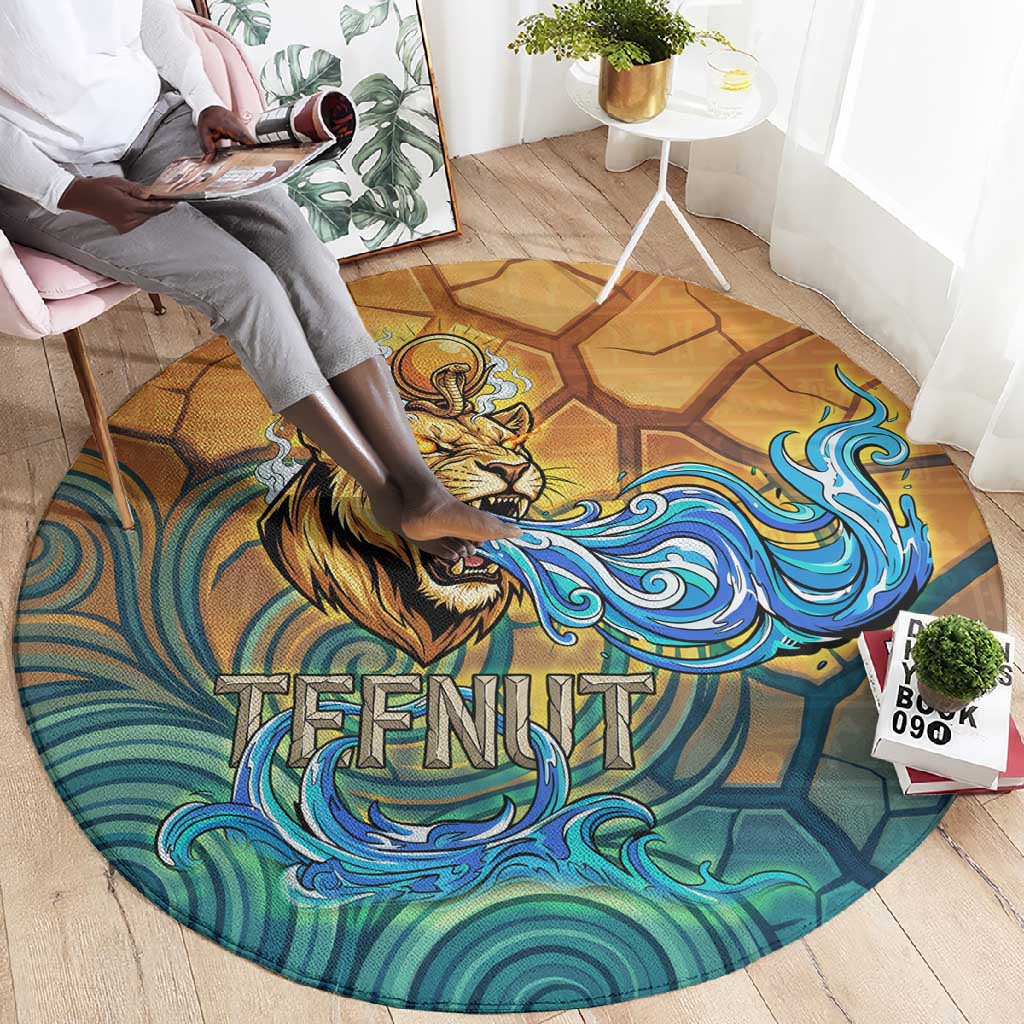 Egyptian Tefnut Fiery Eye Round Carpet with Roaring Lion in Desert and Water Element