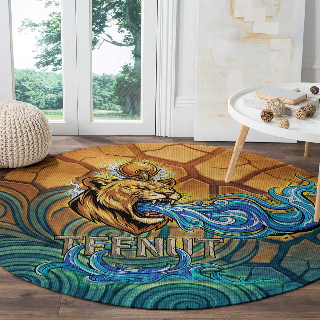 Egyptian Tefnut Fiery Eye Round Carpet with Roaring Lion in Desert and Water Element