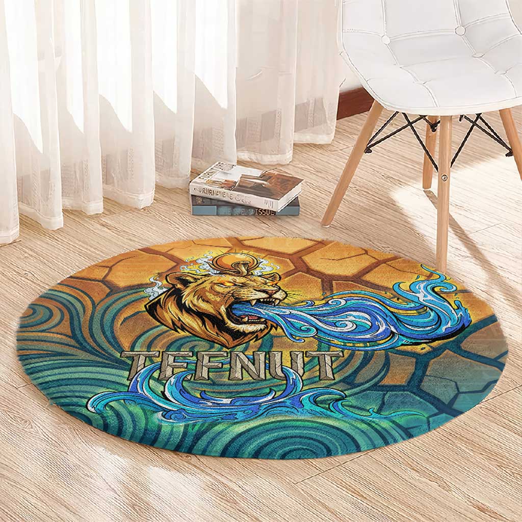 Egyptian Tefnut Fiery Eye Round Carpet with Roaring Lion in Desert and Water Element