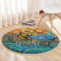 Egyptian Tefnut Fiery Eye Round Carpet with Roaring Lion in Desert and Water Element
