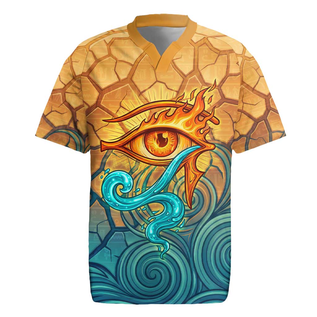 Egyptian Tefnut Fiery Eye Rugby Jersey with Roaring Lion in Desert and Water Element