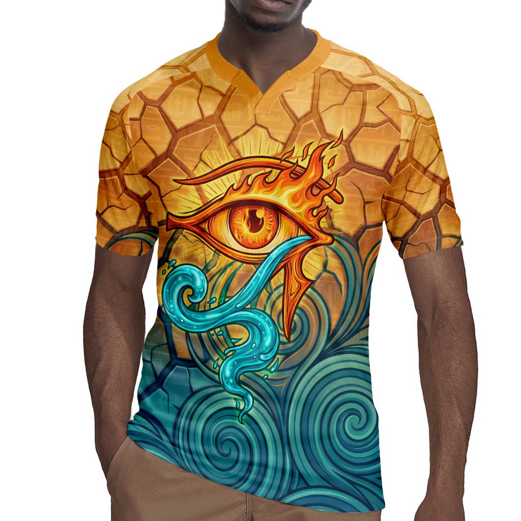 Egyptian Tefnut Fiery Eye Rugby Jersey with Roaring Lion in Desert and Water Element