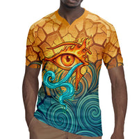 Egyptian Tefnut Fiery Eye Rugby Jersey with Roaring Lion in Desert and Water Element