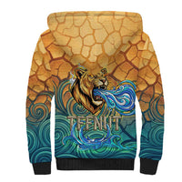 Egyptian Tefnut Fiery Eye Sherpa Hoodie with Roaring Lion in Desert and Water Element