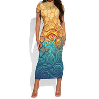 Egyptian Tefnut Fiery Eye Short Sleeve Bodycon Dress with Roaring Lion in Desert and Water Element