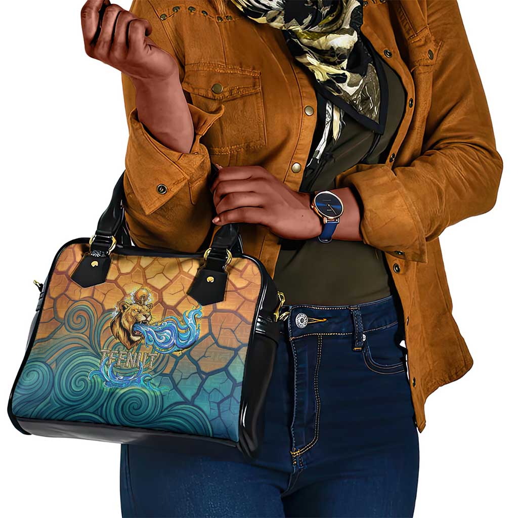 Egyptian Tefnut Fiery Eye Shoulder Handbag with Roaring Lion in Desert and Water Element