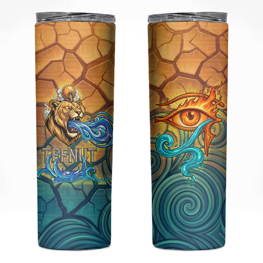 Egyptian Tefnut Fiery Eye Skinny Tumbler with Roaring Lion in Desert and Water Element