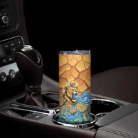 Egyptian Tefnut Fiery Eye Skinny Tumbler with Roaring Lion in Desert and Water Element