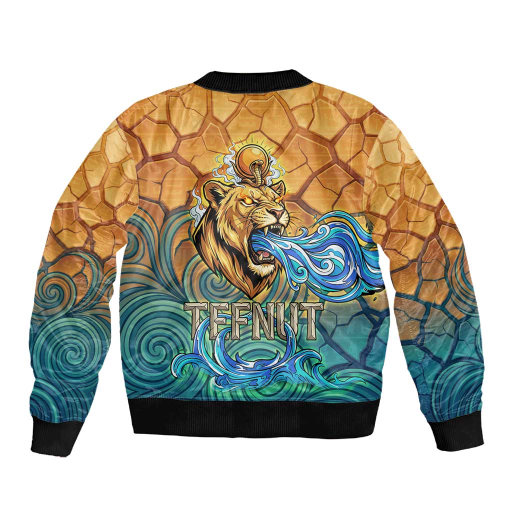 Egyptian Tefnut Fiery Eye Sleeve Zip Bomber Jacket with Roaring Lion in Desert and Water Element