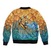 Egyptian Tefnut Fiery Eye Sleeve Zip Bomber Jacket with Roaring Lion in Desert and Water Element