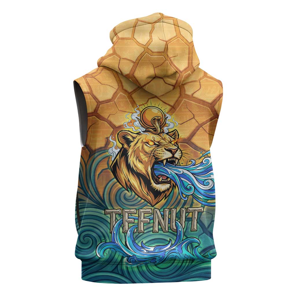 Egyptian Tefnut Fiery Eye Sleeveless Zip Hoodie with Roaring Lion in Desert and Water Element